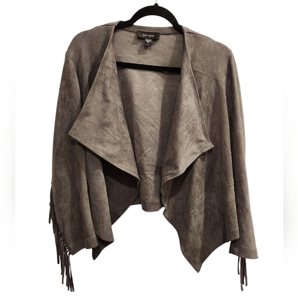 Relisted Karen Kane Grey Faux Suede Drapey Fringe Jacket size Large - Picture 3 of 7